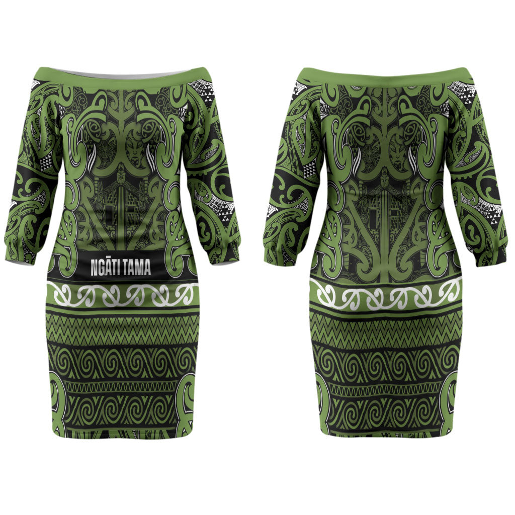 Aotearoa Iwi Ngāti Tama ki Taranaki Trust Couples Matching Off The Shoulder Long Sleeve Dress and Long Sleeve Button Shirt Maori Wharenui House Tribal Pattern LT9 - Polynesian Pride