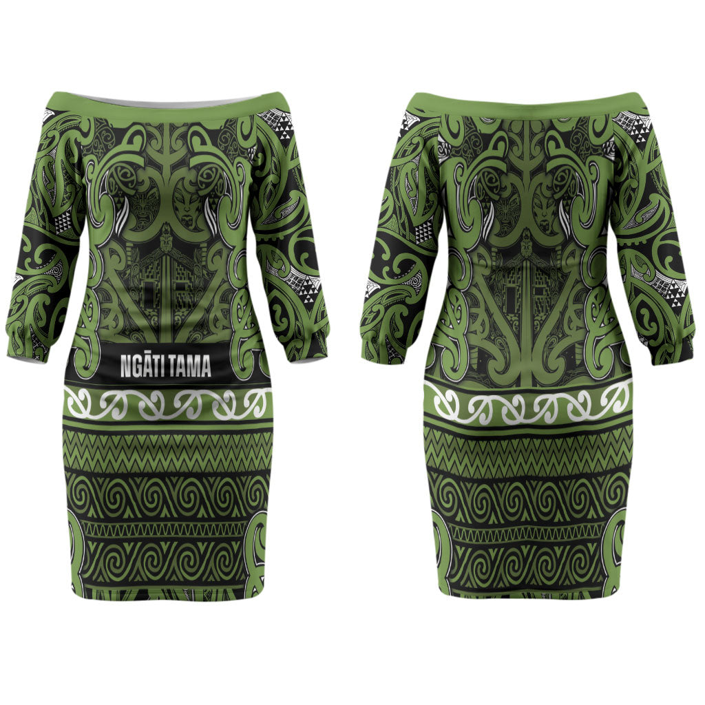 Aotearoa Iwi Ngāti Tama ki Taranaki Trust Family Matching Off The Shoulder Long Sleeve Dress and Hawaiian Shirt Maori Wharenui House Tribal Pattern LT9 Mom's Dress Lime - Polynesian Pride