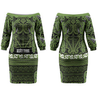 Aotearoa Iwi Ngāti Tama ki Taranaki Trust Family Matching Off The Shoulder Long Sleeve Dress and Hawaiian Shirt Maori Wharenui House Tribal Pattern LT9 Mom's Dress Lime - Polynesian Pride