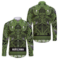 Aotearoa Iwi Ngāti Tama ki Taranaki Trust Family Matching Off The Shoulder Long Sleeve Dress and Hawaiian Shirt Maori Wharenui House Tribal Pattern LT9 Dad's Shirt - Long Sleeve Lime - Polynesian Pride