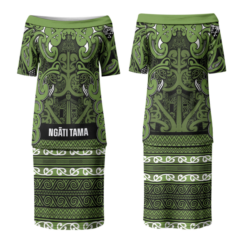 Aotearoa Iwi Ngāti Tama ki Taranaki Trust Family Matching Puletasi and Hawaiian Shirt Maori Wharenui House Tribal Pattern LT9 Mom's Dress Lime - Polynesian Pride