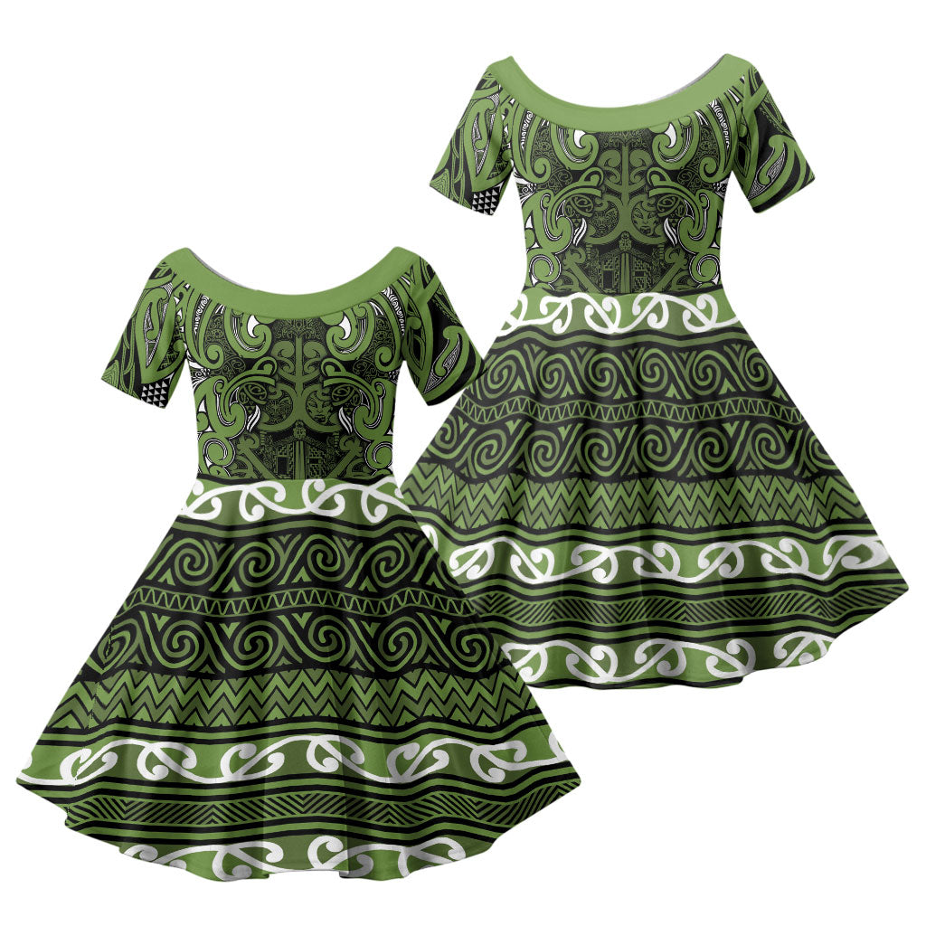 Aotearoa Iwi Ngāti Tama ki Taranaki Trust Family Matching Puletasi and Hawaiian Shirt Maori Wharenui House Tribal Pattern LT9 Daughter's Dress Lime - Polynesian Pride