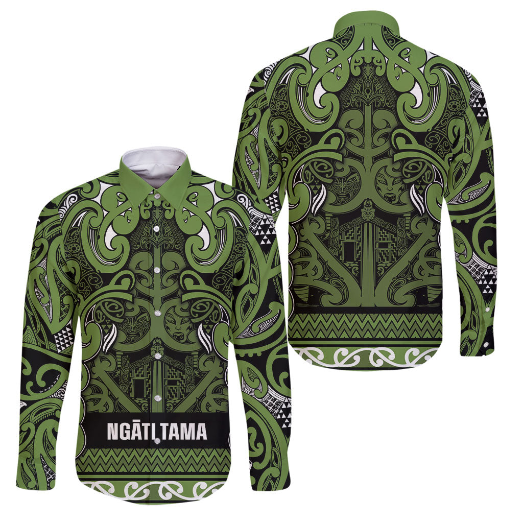 Aotearoa Iwi Ngāti Tama ki Taranaki Trust Family Matching Summer Maxi Dress and Hawaiian Shirt Maori Wharenui House Tribal Pattern LT9 Dad's Shirt - Long Sleeve Lime - Polynesian Pride