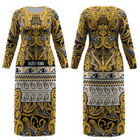 Aotearoa Iwi Ngāti Tama ki Te Waipounamu Trust Couples Matching Long Sleeve Bodycon Dress and Hawaiian Shirt Maori Wharenui House Tribal Pattern LT9 - Polynesian Pride