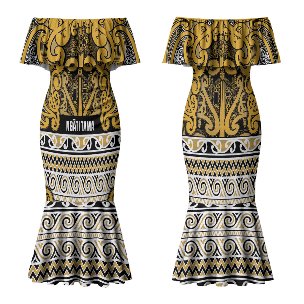 Aotearoa Iwi Ngāti Tama ki Te Waipounamu Trust Couples Matching Mermaid Dress and Long Sleeve Button Shirt Maori Wharenui House Tribal Pattern LT9 - Polynesian Pride
