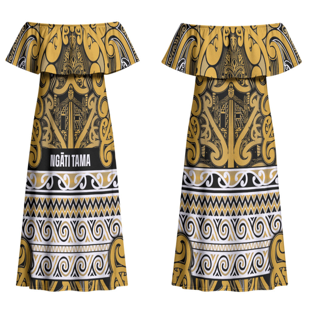 Aotearoa Iwi Ngāti Tama ki Te Waipounamu Trust Couples Matching Off Shoulder Maxi Dress and Hawaiian Shirt Maori Wharenui House Tribal Pattern LT9 - Polynesian Pride