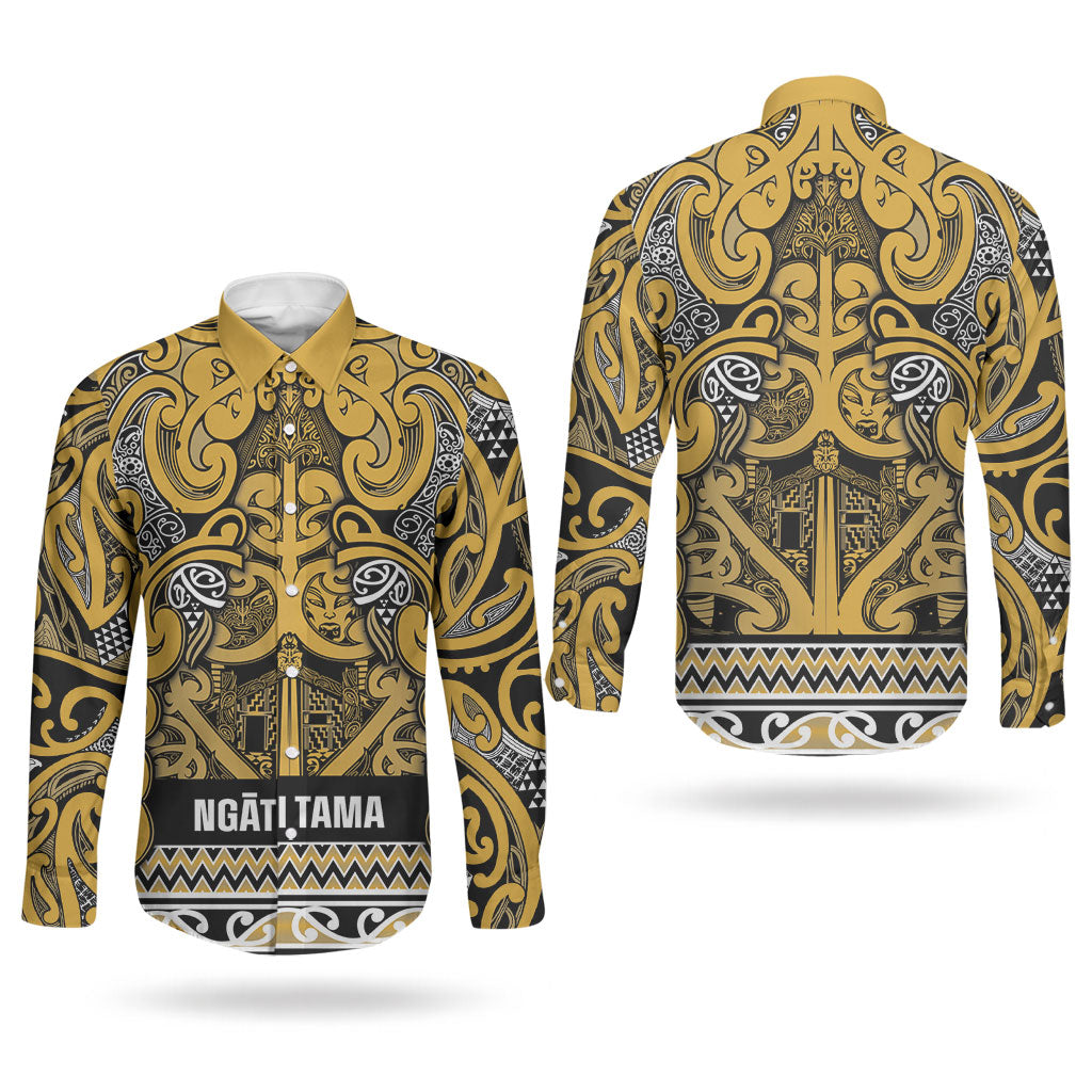Aotearoa Iwi Ngāti Tama ki Te Waipounamu Trust Couples Matching Off Shoulder Short Dress and Long Sleeve Button Shirt Maori Wharenui House Tribal Pattern LT9 - Polynesian Pride