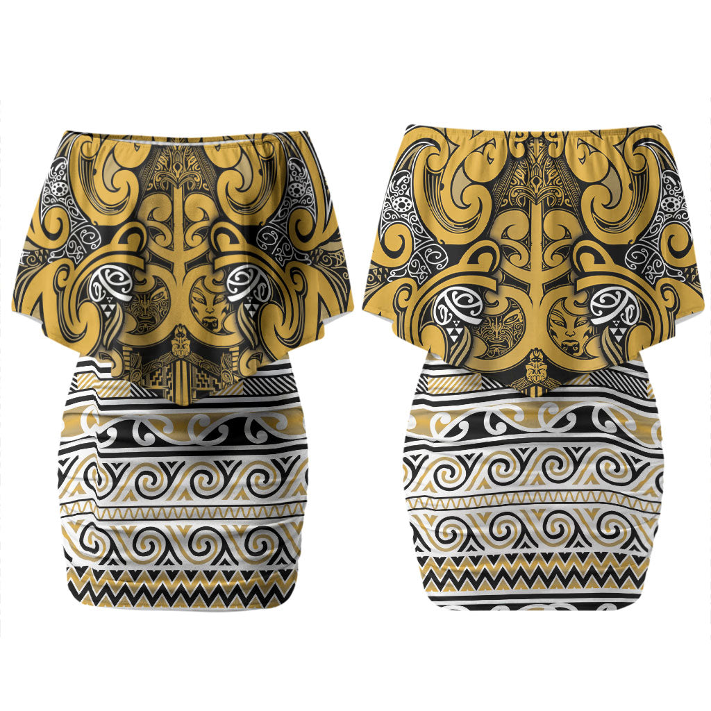 Aotearoa Iwi Ngāti Tama ki Te Waipounamu Trust Couples Matching Off Shoulder Short Dress and Long Sleeve Button Shirt Maori Wharenui House Tribal Pattern LT9 - Polynesian Pride