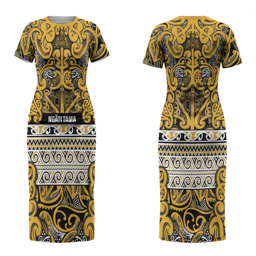 Aotearoa Iwi Ngāti Tama ki Te Waipounamu Trust Couples Matching Short Sleeve Bodycon Dress and Hawaiian Shirt Maori Wharenui House Tribal Pattern LT9 - Polynesian Pride
