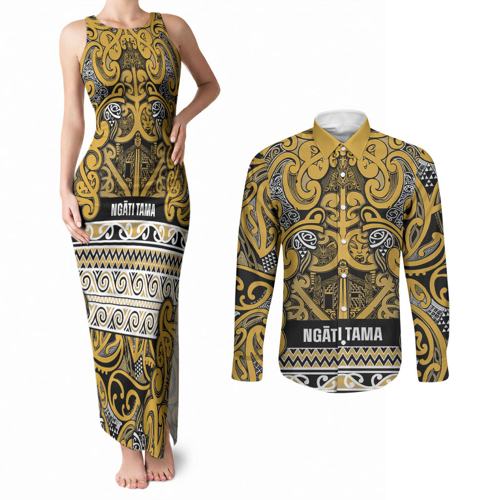 Aotearoa Iwi Ngāti Tama ki Te Waipounamu Trust Couples Matching Tank Maxi Dress and Long Sleeve Button Shirt Maori Wharenui House Tribal Pattern LT9 Gold - Polynesian Pride