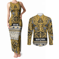 Aotearoa Iwi Ngāti Tama ki Te Waipounamu Trust Couples Matching Tank Maxi Dress and Long Sleeve Button Shirt Maori Wharenui House Tribal Pattern LT9 Gold - Polynesian Pride
