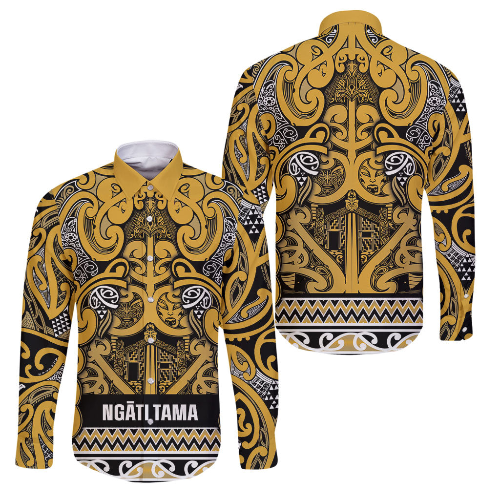 Aotearoa Iwi Ngāti Tama ki Te Waipounamu Trust Family Matching Off The Shoulder Long Sleeve Dress and Hawaiian Shirt Maori Wharenui House Tribal Pattern LT9 Dad's Shirt - Long Sleeve Gold - Polynesian Pride