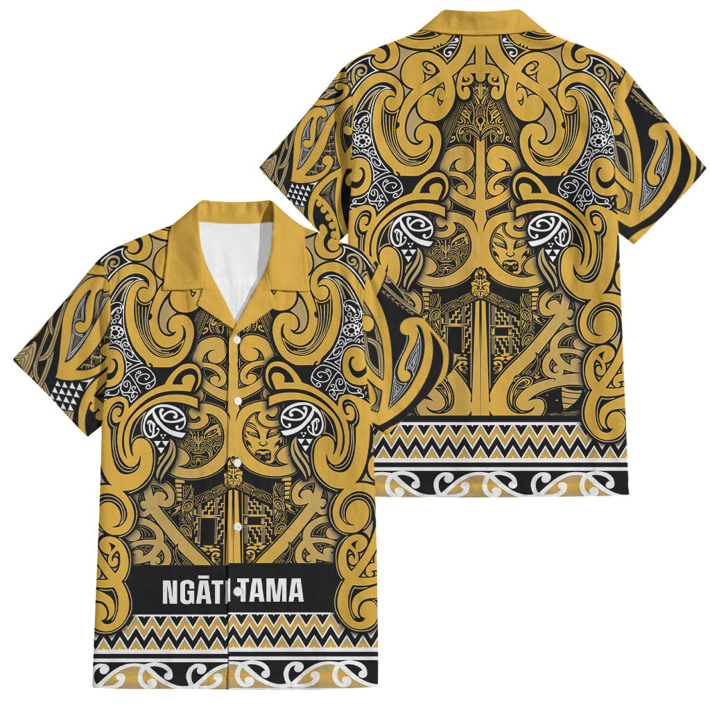 Aotearoa Iwi Ngāti Tama ki Te Waipounamu Trust Family Matching Puletasi and Hawaiian Shirt Maori Wharenui House Tribal Pattern LT9 Dad's Shirt - Short Sleeve Gold - Polynesian Pride