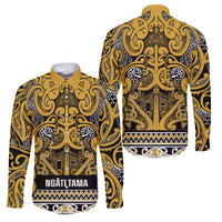 Aotearoa Iwi Ngāti Tama ki Te Waipounamu Trust Family Matching Puletasi and Hawaiian Shirt Maori Wharenui House Tribal Pattern LT9 Dad's Shirt - Long Sleeve Gold - Polynesian Pride