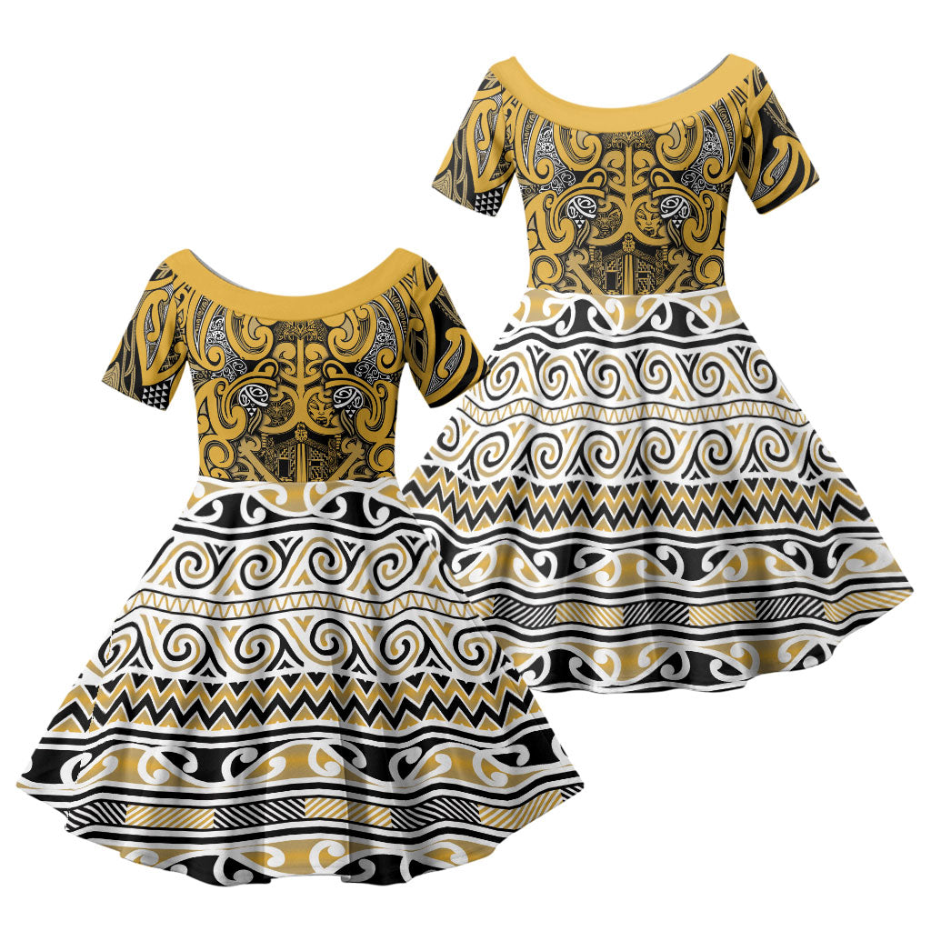 Aotearoa Iwi Ngāti Tama ki Te Waipounamu Trust Family Matching Puletasi and Hawaiian Shirt Maori Wharenui House Tribal Pattern LT9 Daughter's Dress Gold - Polynesian Pride