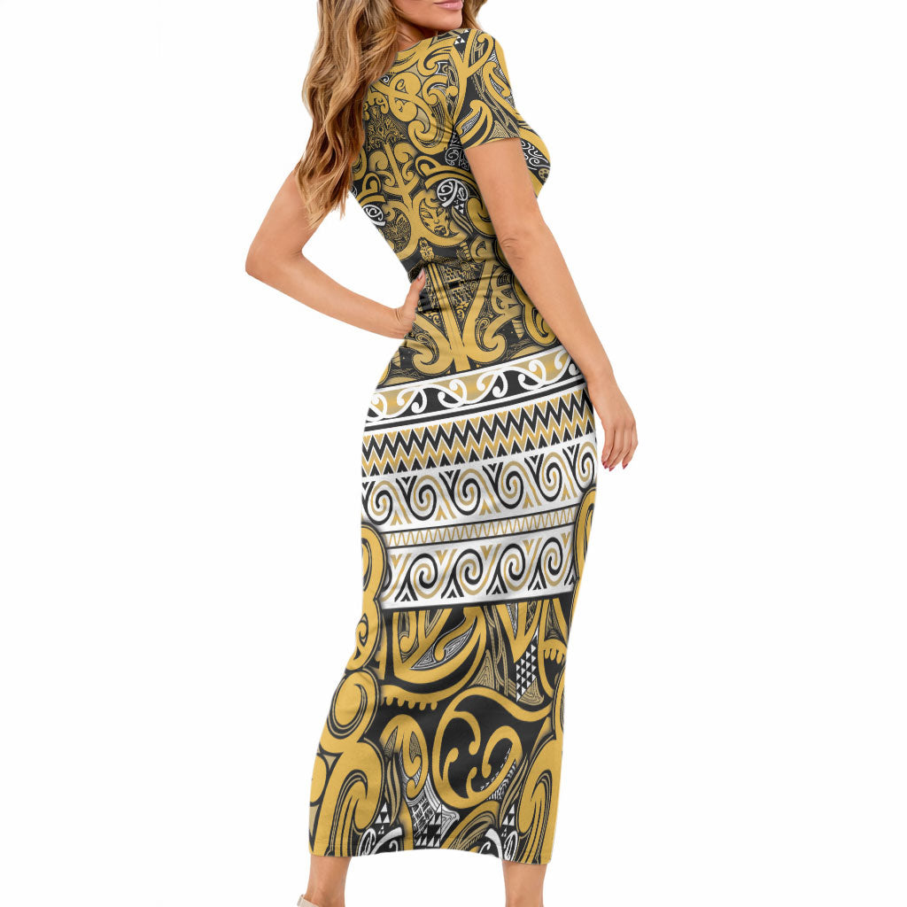 Aotearoa Iwi Ngāti Tama ki Te Waipounamu Trust Short Sleeve Bodycon Dress Maori Wharenui House Tribal Pattern LT9 - Polynesian Pride