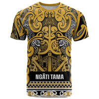 Aotearoa Iwi Ngāti Tama ki Te Waipounamu Trust T Shirt Maori Wharenui House Tribal Pattern LT9 Gold - Polynesian Pride