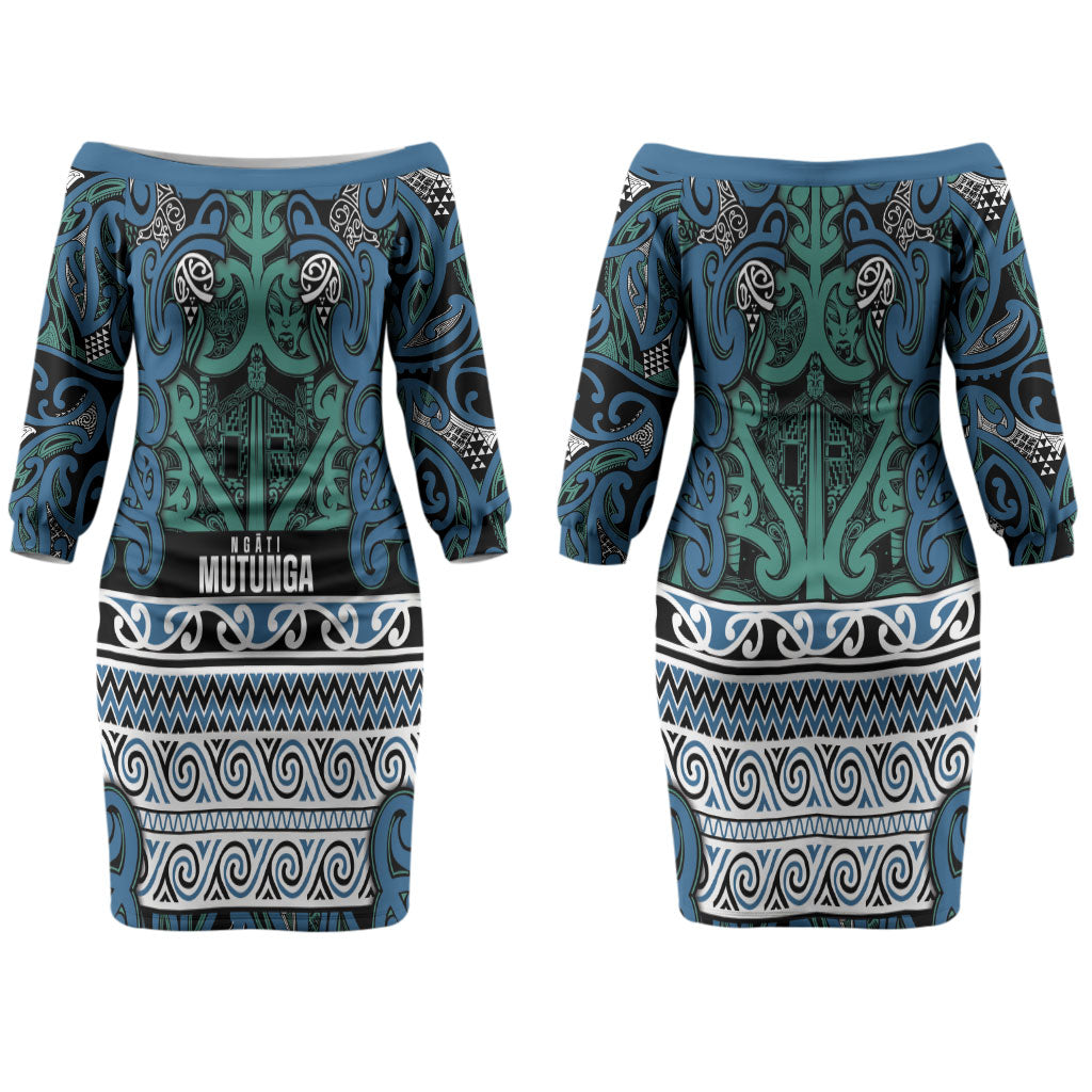 Aotearoa Iwi Ngati Mutunga Couples Matching Off The Shoulder Long Sleeve Dress and Hawaiian Shirt Maori Wharenui House Tribal Pattern LT9 - Polynesian Pride