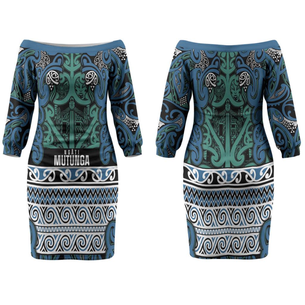 Aotearoa Iwi Ngati Mutunga Family Matching Off The Shoulder Long Sleeve Dress and Hawaiian Shirt Maori Wharenui House Tribal Pattern LT9 Mom's Dress Ocean Blue - Polynesian Pride