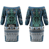 Aotearoa Iwi Ngati Mutunga Family Matching Off The Shoulder Long Sleeve Dress and Hawaiian Shirt Maori Wharenui House Tribal Pattern LT9 Mom's Dress Ocean Blue - Polynesian Pride