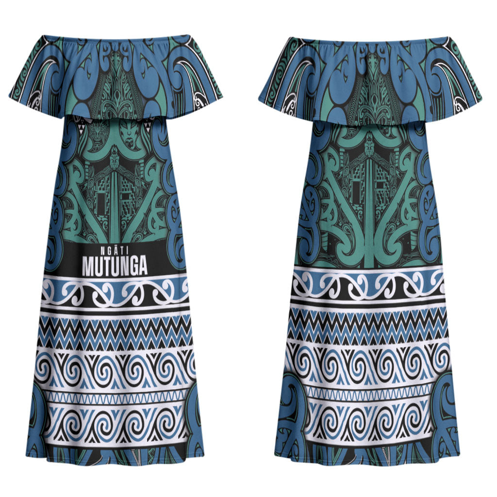 Aotearoa Iwi Ngati Mutunga Family Matching Off Shoulder Maxi Dress and Hawaiian Shirt Maori Wharenui House Tribal Pattern LT9 Mom's Dress Ocean Blue - Polynesian Pride