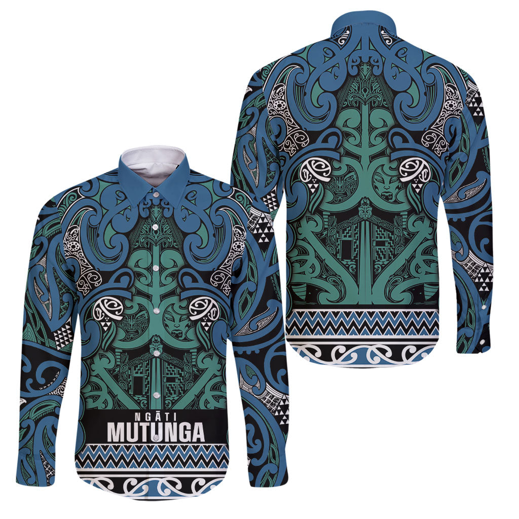 Aotearoa Iwi Ngati Mutunga Family Matching Off Shoulder Maxi Dress and Hawaiian Shirt Maori Wharenui House Tribal Pattern LT9 Dad's Shirt - Long Sleeve Ocean Blue - Polynesian Pride