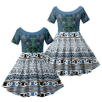Aotearoa Iwi Ngati Mutunga Family Matching Off Shoulder Maxi Dress and Hawaiian Shirt Maori Wharenui House Tribal Pattern LT9 Daughter's Dress Ocean Blue - Polynesian Pride