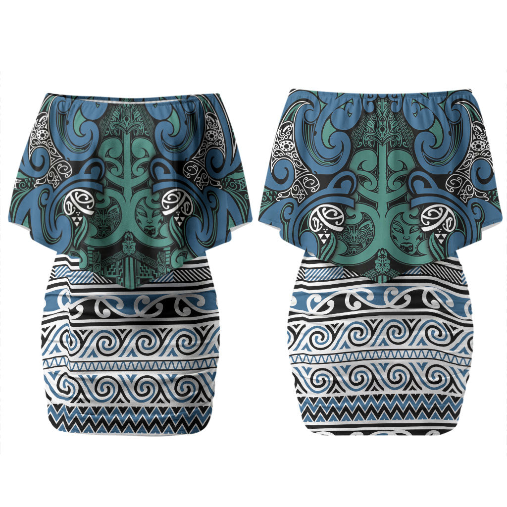 Aotearoa Iwi Ngati Mutunga Family Matching Off Shoulder Short Dress and Hawaiian Shirt Maori Wharenui House Tribal Pattern LT9 Mom's Dress Ocean Blue - Polynesian Pride