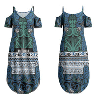 Aotearoa Iwi Ngati Mutunga Family Matching Summer Maxi Dress and Hawaiian Shirt Maori Wharenui House Tribal Pattern LT9 Mom's Dress Ocean Blue - Polynesian Pride