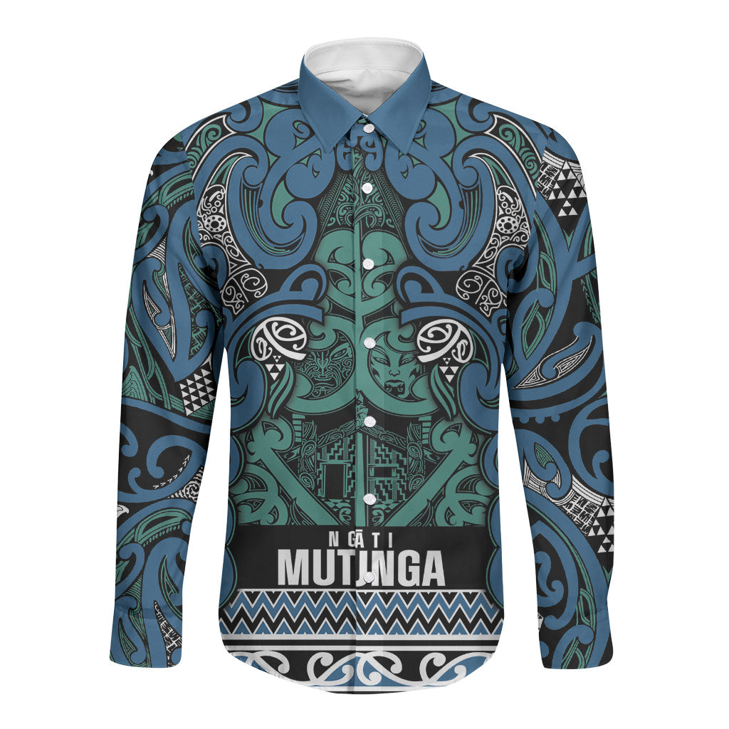 Aotearoa Iwi Ngati Mutunga Long Sleeve Button Shirt Maori Wharenui House Tribal Pattern LT9 Unisex Ocean Blue - Polynesian Pride