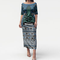Aotearoa Iwi Ngati Mutunga Puletasi Maori Wharenui House Tribal Pattern LT9 Long Dress Ocean Blue - Polynesian Pride