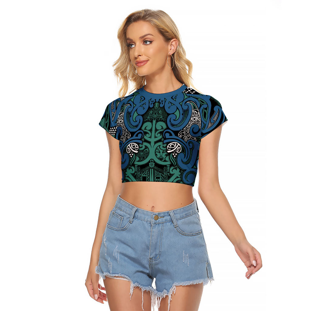Aotearoa Iwi Ngati Mutunga Raglan Cropped T Shirt Maori Wharenui House Tribal Pattern LT9 Female Ocean Blue - Polynesian Pride