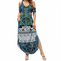 Aotearoa Iwi Ngati Mutunga Summer Maxi Dress Maori Wharenui House Tribal Pattern LT9 Women Ocean Blue - Polynesian Pride