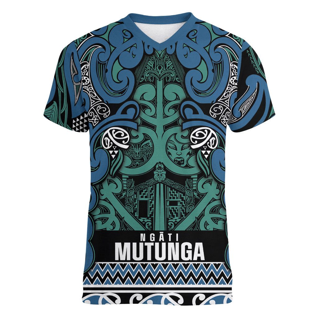 Aotearoa Iwi Ngati Mutunga Women V-Neck T-Shirt Maori Wharenui House Tribal Pattern LT9 Female Ocean Blue - Polynesian Pride
