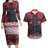 Aotearoa Iwi Te ati Awa Couples Matching Long Sleeve Bodycon Dress and Hawaiian Shirt Maori Wharenui House Tribal Pattern LT9 Bright Red - Polynesian Pride