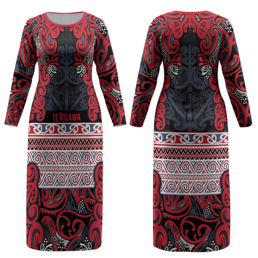 Aotearoa Iwi Te ati Awa Couples Matching Long Sleeve Bodycon Dress and Hawaiian Shirt Maori Wharenui House Tribal Pattern LT9 - Polynesian Pride