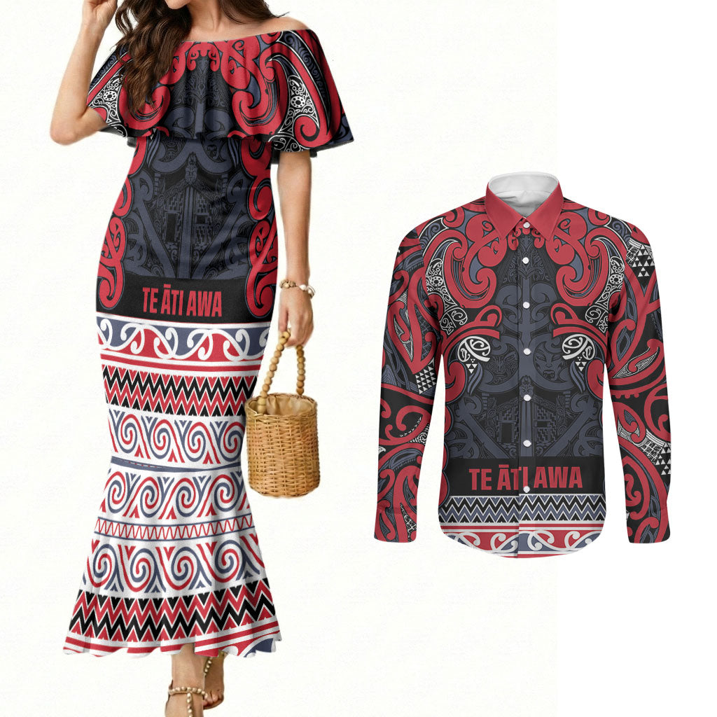 Aotearoa Iwi Te ati Awa Couples Matching Mermaid Dress and Long Sleeve Button Shirt Maori Wharenui House Tribal Pattern LT9 Bright Red - Polynesian Pride
