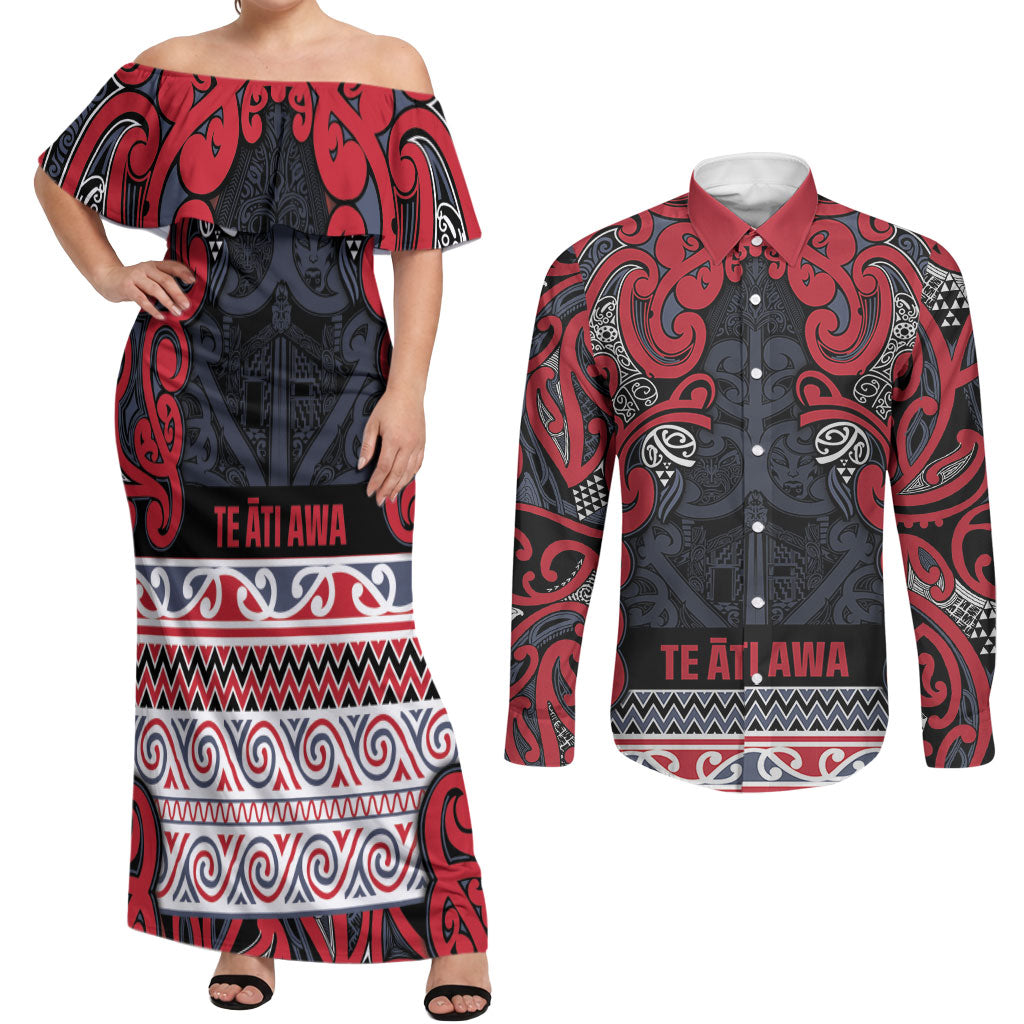Aotearoa Iwi Te ati Awa Couples Matching Off Shoulder Maxi Dress and Long Sleeve Button Shirt Maori Wharenui House Tribal Pattern LT9 Bright Red - Polynesian Pride