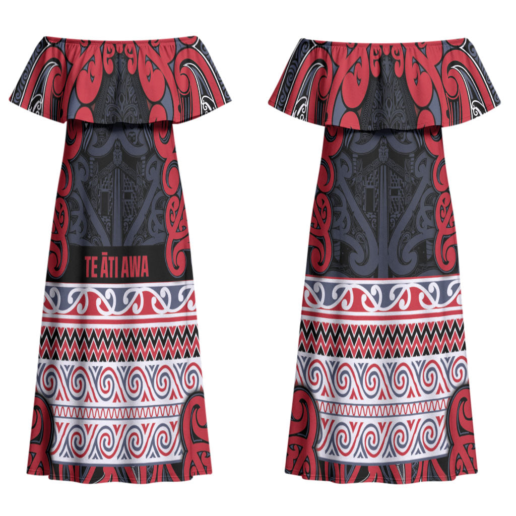Aotearoa Iwi Te ati Awa Couples Matching Off Shoulder Maxi Dress and Long Sleeve Button Shirt Maori Wharenui House Tribal Pattern LT9 - Polynesian Pride