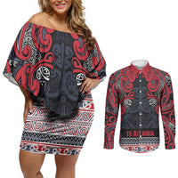 Aotearoa Iwi Te ati Awa Couples Matching Off Shoulder Short Dress and Long Sleeve Button Shirt Maori Wharenui House Tribal Pattern LT9 Bright Red - Polynesian Pride