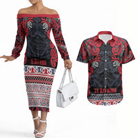 Aotearoa Iwi Te ati Awa Couples Matching Off The Shoulder Long Sleeve Dress and Hawaiian Shirt Maori Wharenui House Tribal Pattern LT9 Bright Red - Polynesian Pride