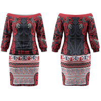 Aotearoa Iwi Te ati Awa Couples Matching Off The Shoulder Long Sleeve Dress and Hawaiian Shirt Maori Wharenui House Tribal Pattern LT9 - Polynesian Pride