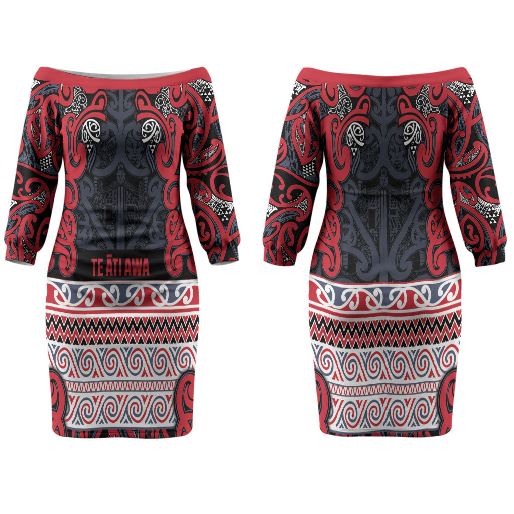 Aotearoa Iwi Te ati Awa Couples Matching Off The Shoulder Long Sleeve Dress and Long Sleeve Button Shirt Maori Wharenui House Tribal Pattern LT9 - Polynesian Pride