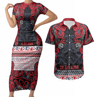 Aotearoa Iwi Te ati Awa Couples Matching Short Sleeve Bodycon Dress and Hawaiian Shirt Maori Wharenui House Tribal Pattern LT9 Bright Red - Polynesian Pride