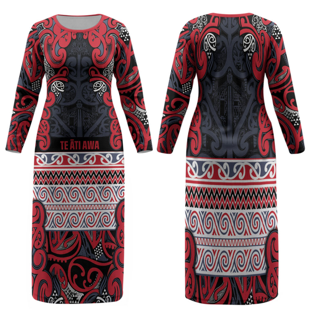 Aotearoa Iwi Te ati Awa Family Matching Long Sleeve Bodycon Dress and Hawaiian Shirt Maori Wharenui House Tribal Pattern LT9 Mom's Dress Bright Red - Polynesian Pride