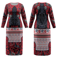 Aotearoa Iwi Te ati Awa Family Matching Long Sleeve Bodycon Dress and Hawaiian Shirt Maori Wharenui House Tribal Pattern LT9 Mom's Dress Bright Red - Polynesian Pride