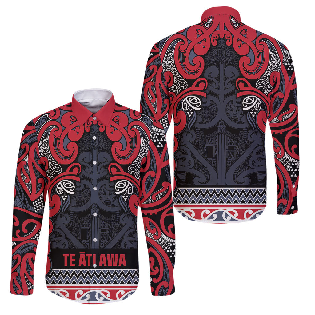 Aotearoa Iwi Te ati Awa Family Matching Off The Shoulder Long Sleeve Dress and Hawaiian Shirt Maori Wharenui House Tribal Pattern LT9 Dad's Shirt - Long Sleeve Bright Red - Polynesian Pride