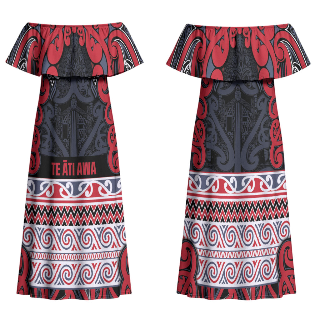 Aotearoa Iwi Te ati Awa Family Matching Off Shoulder Maxi Dress and Hawaiian Shirt Maori Wharenui House Tribal Pattern LT9 Mom's Dress Bright Red - Polynesian Pride