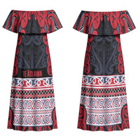 Aotearoa Iwi Te ati Awa Family Matching Off Shoulder Maxi Dress and Hawaiian Shirt Maori Wharenui House Tribal Pattern LT9 Mom's Dress Bright Red - Polynesian Pride
