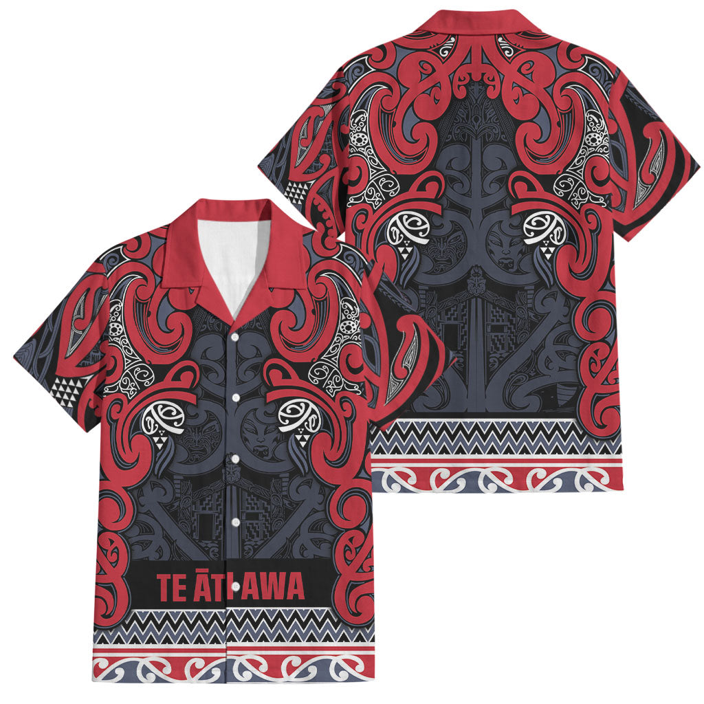 Aotearoa Iwi Te ati Awa Family Matching Off Shoulder Short Dress and Hawaiian Shirt Maori Wharenui House Tribal Pattern LT9 Dad's Shirt - Short Sleeve Bright Red - Polynesian Pride